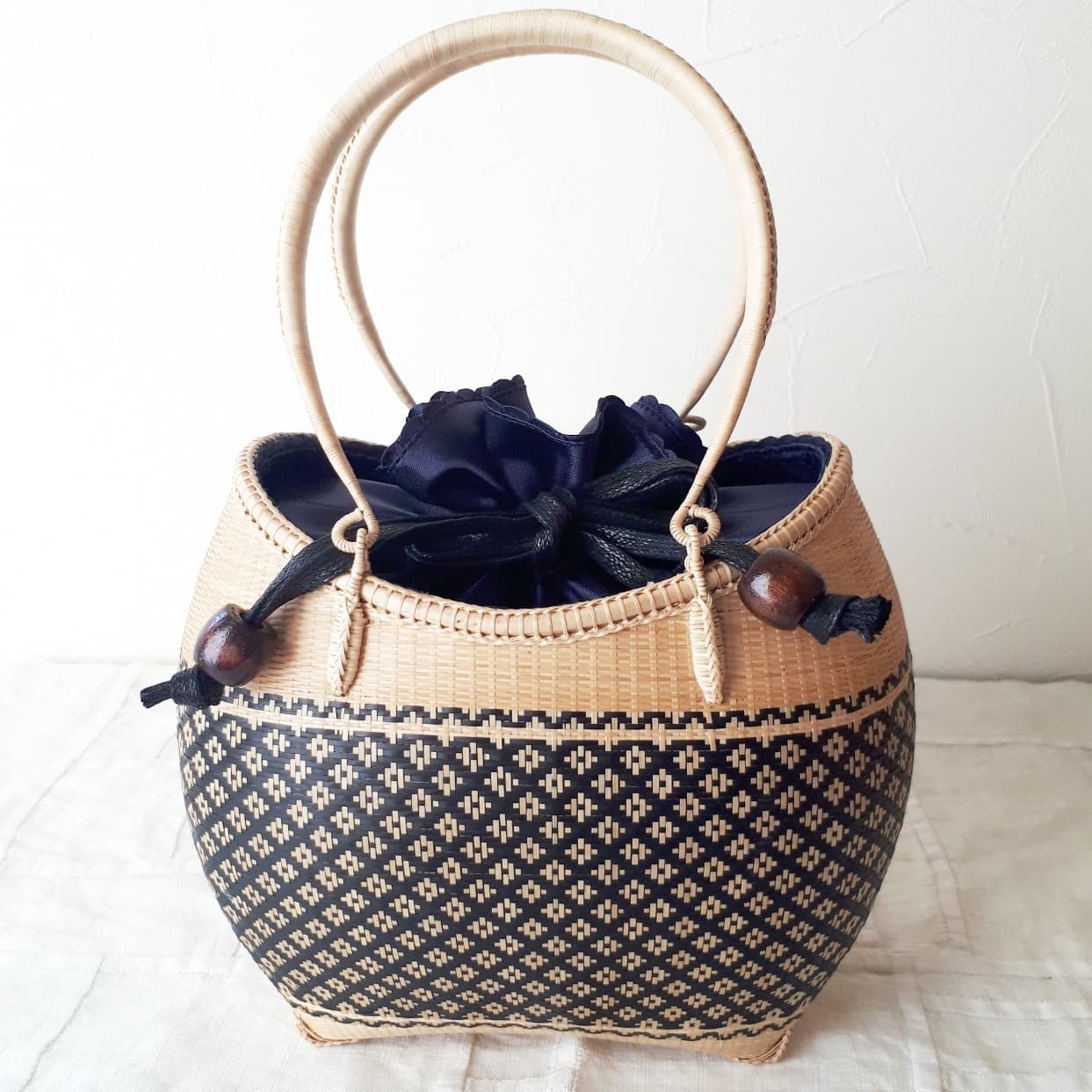 巾着竹籠バック　ナチュラルブラック