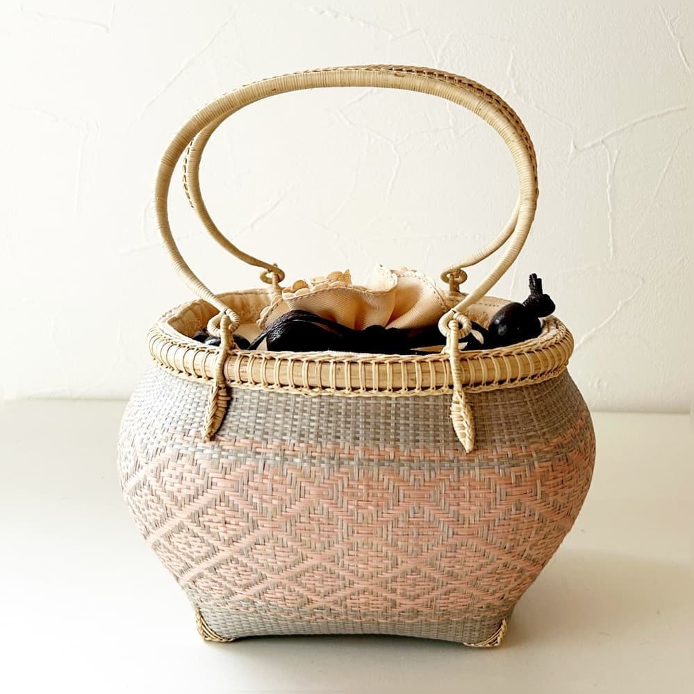 巾着籠　ピンクグレー