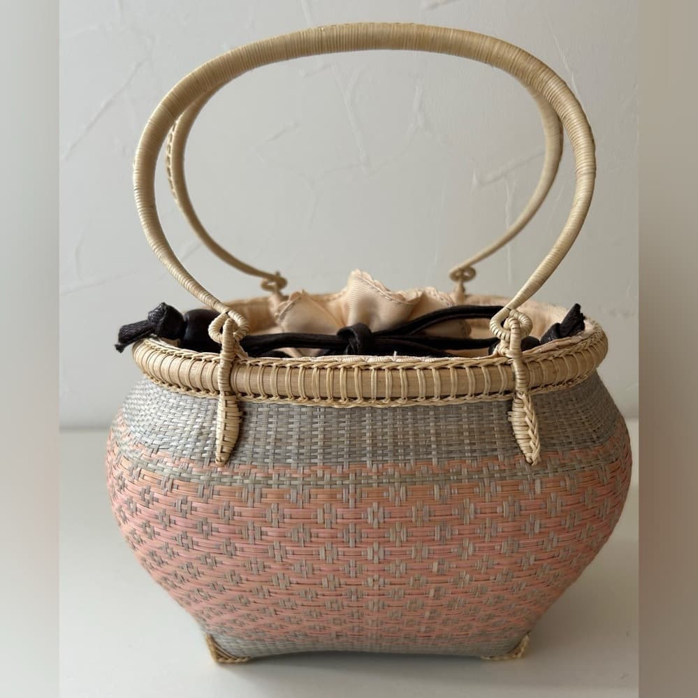 巾着籠　ピンクグレー